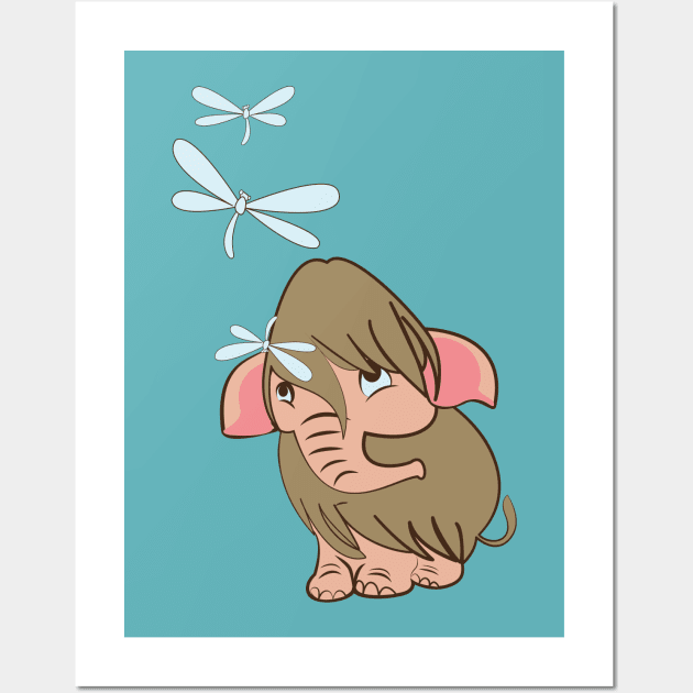 Baby Mammoth playing with dragonflies in blue Wall Art by belettelepink